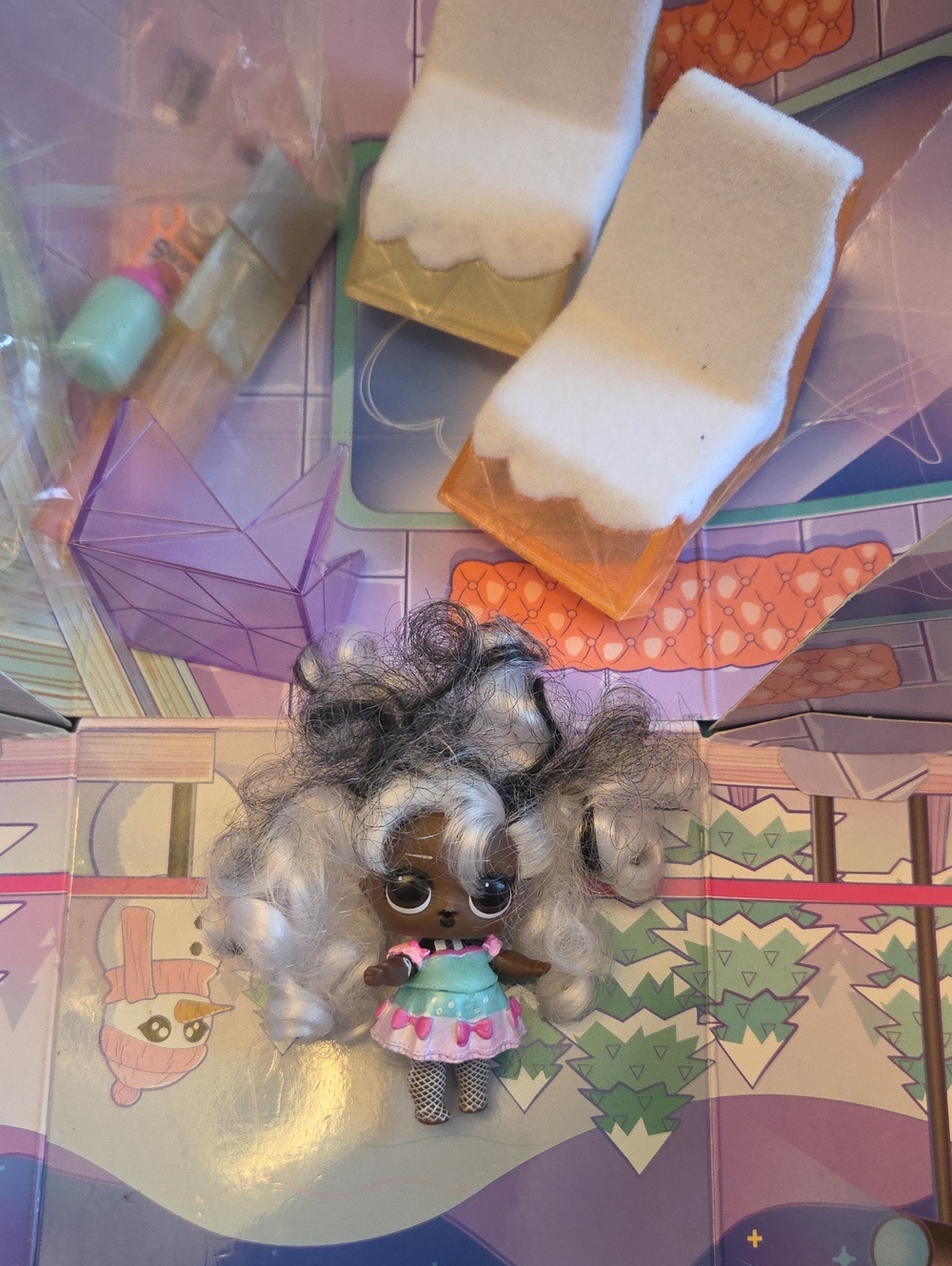 LOL Mini Doll with Black & White Curly Hair and Mint Pink Dress